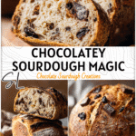 Rustic Chocolate Chip Sourdough loaf with chunks of dark chocolate and golden crust on wooden board.